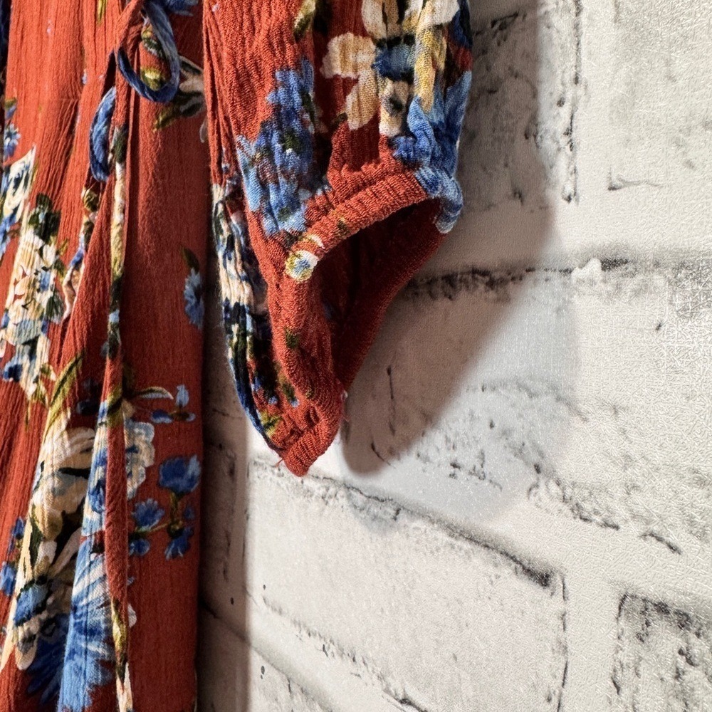 Altar'd State Rust Floral Wrap Mini Dress 3/4 Sleeve Ruffle Hem Small - Picture 3 of 12